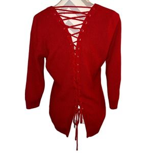 New York & Company Red Lace Up Back Solid Ribbed Round Neck Long Sleeve Sweater